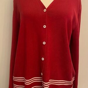 LRL Lauren Cardigan Women's Red XL Long-Sleeve Button-Up Silk Stretch Striped